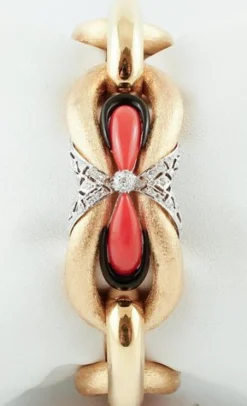 Outlet Pamono 18k Yellow Gold Bracelet with Handcrafted Coral and Onyx and Diamonds