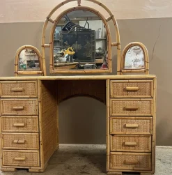 Pamono Knee Hole Cane and Bamboo Dressing Table with Surround Attached Mirrors> Dressing Tables