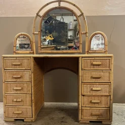 Pamono Knee Hole Cane and Bamboo Dressing Table with Surround Attached Mirrors><noscript><img width=