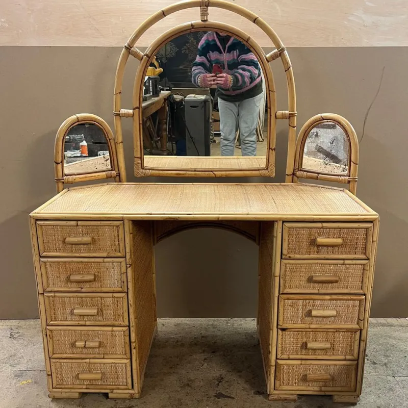 Pamono Knee Hole Cane and Bamboo Dressing Table with Surround Attached Mirrors> Dressing Tables