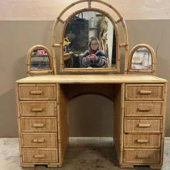 Pamono Knee Hole Cane and Bamboo Dressing Table with Surround Attached Mirrors><noscript><img width=