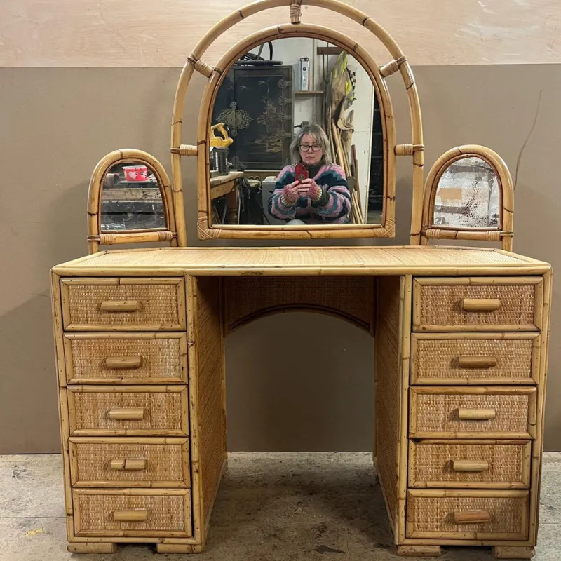 Pamono Knee Hole Cane and Bamboo Dressing Table with Surround Attached Mirrors> Dressing Tables