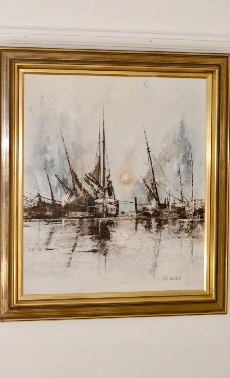 Clearance Pamono Kris Ewald, Boats, 1970s, Oil on Canvas, Framed