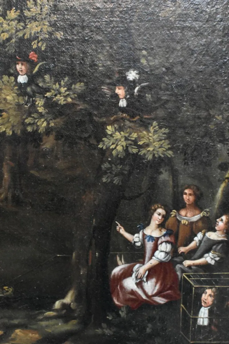 Pamono La Civetta, Pipe Hunting, Glue Hunting, Owl Hunting, 1700s, Oil on Canvas, Framed> Classical
