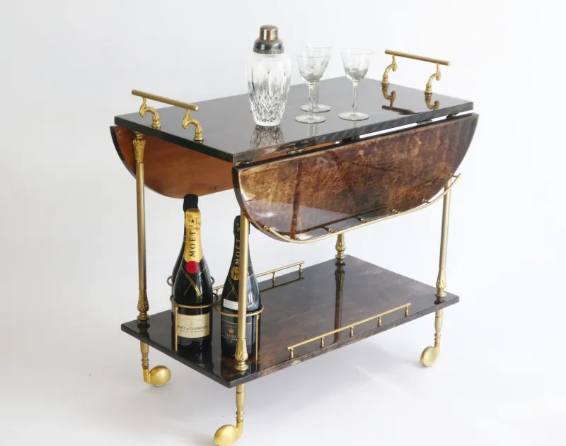 Pamono Lacquered Goatskin Bar Cart by Aldo Tura, 1960s