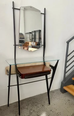 Pamono Lacquered Wood Dressing Table with Glass Top and Mirror, 1950s><noscript><img width=