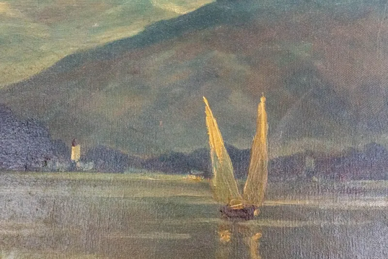 New Pamono Landscape Chateau Chillon Leman Lake, Switzerland, Late 19th-Century, Oil on Canvas