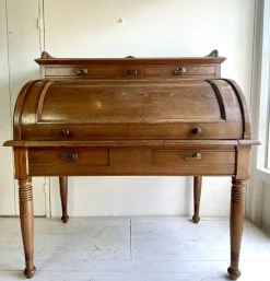 Pamono Large Antique Cylinder Writing Desk in Oak