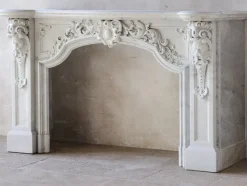 Clearance Pamono Large Antique Statuario Carrara Marble Fireplace with Viking Masks