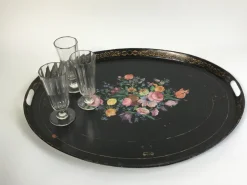 Pamono Large Antique Tin Tray with Hand Painted Flowers><noscript><img width=