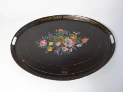 Pamono Large Antique Tin Tray with Hand Painted Flowers><noscript><img width=