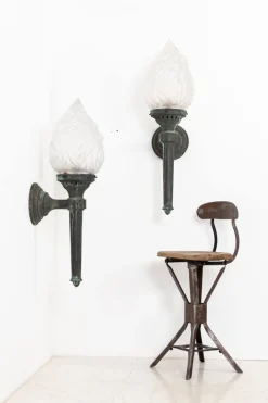 Outlet Pamono Large Antique Verdigris Bronze Torchiere Wall Lamps, 1890s, Set of 2