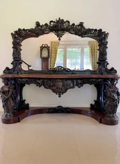 Pamono Large Antique Victorian Console Table in Carved Mahogany with Mirror Back> Console Tables