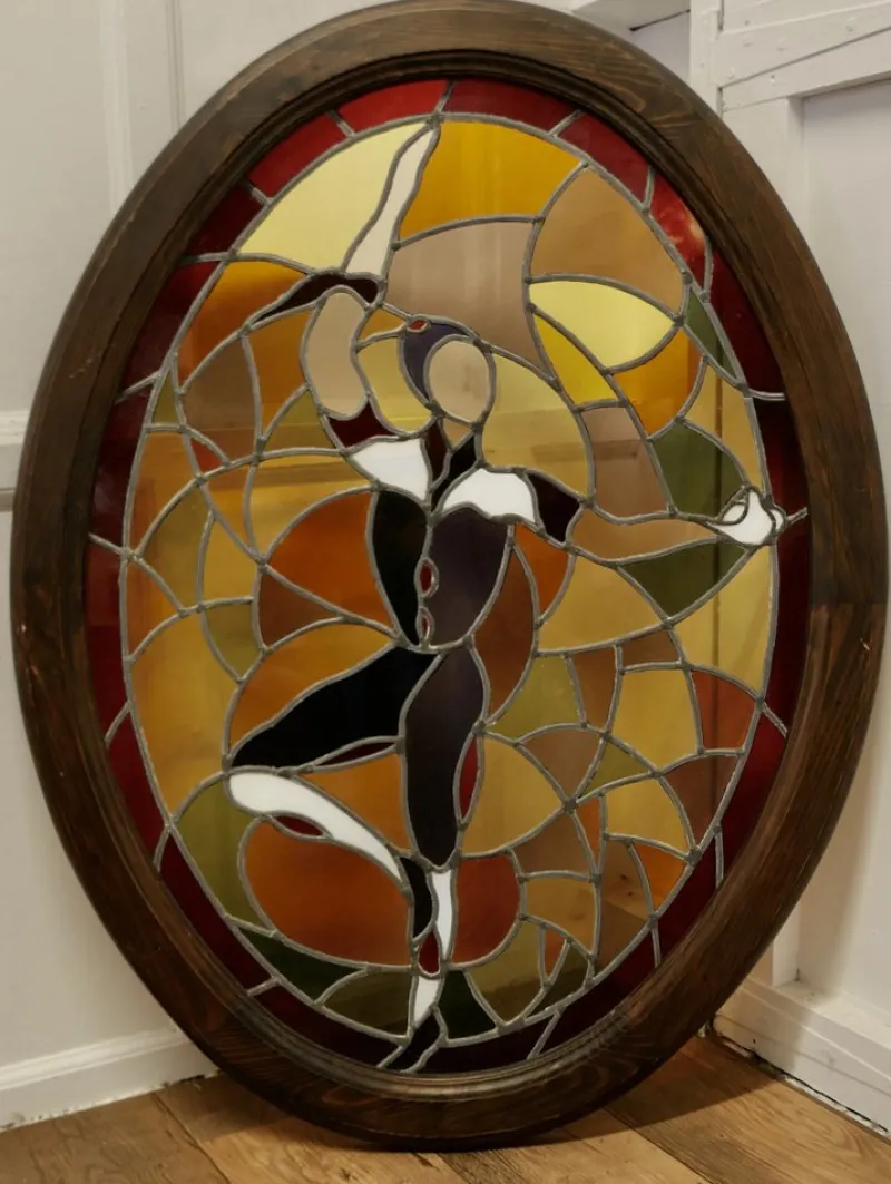 Pamono Large Art Deco French Stained Glass Panel, 1920s