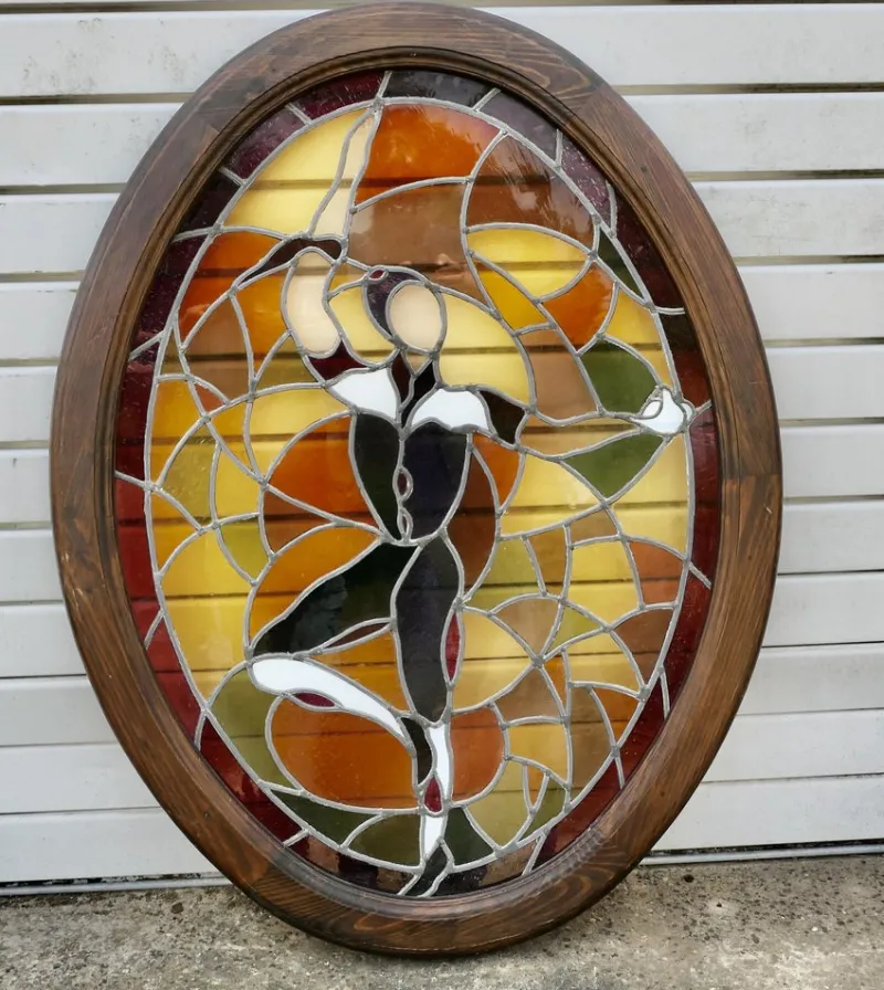 Pamono Large Art Deco French Stained Glass Panel, 1920s