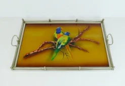 Best Pamono Large Art Deco Tray in Glass & Metal with Parrot Motif, 1920s / 30s