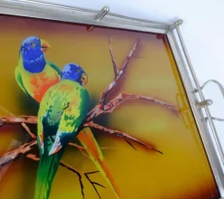 Best Pamono Large Art Deco Tray in Glass & Metal with Parrot Motif, 1920s / 30s