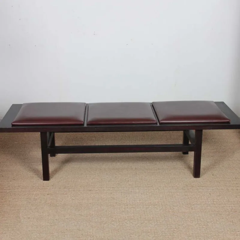 Pamono Large Black Wood and Leather Bench, 20th Century Work> Benches