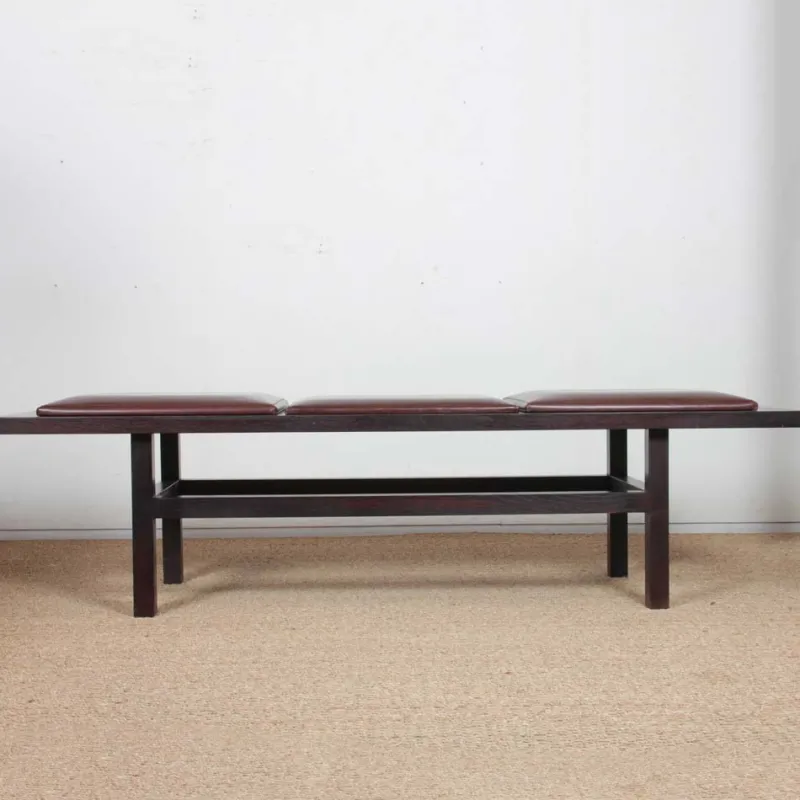 Pamono Large Black Wood and Leather Bench, 20th Century Work> Benches