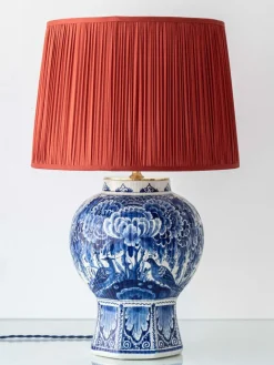 Pamono Large Blue and White Hand-Painted Table Lamp with New Terracotta Silk Lampshade from Royal Delft, 1948> Table Lamps