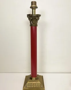 Pamono Large Brass and Red Lacqued Corinthian Column Table Lamp, 1970s> Pedestals And Columns