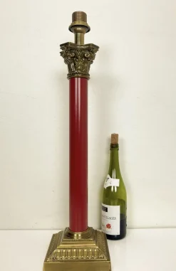 Pamono Large Brass and Red Lacqued Corinthian Column Table Lamp, 1970s><noscript><img width=
