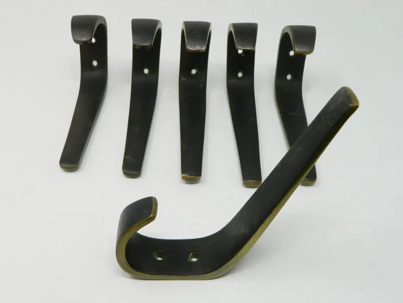 Pamono Large Brass Coat Hooks by Franz Hagenauer for Hagenauer Wien, 1950s, Set of 6> Racks, Hooks & Valets