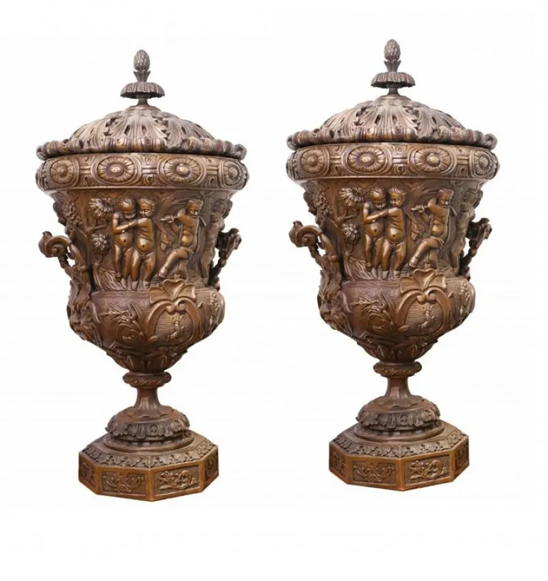 Pamono Large Bronze Urns Monumental Campana Cherub attributed to Clodion, Set of 2