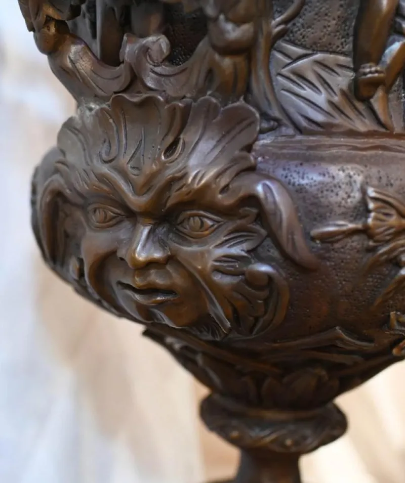 Pamono Large Bronze Urns Monumental Campana Cherub attributed to Clodion, Set of 2