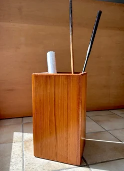 Pamono Large Brutalist Teak Sculptural Waste Basket, Denmark, 1970s><noscript><img width=