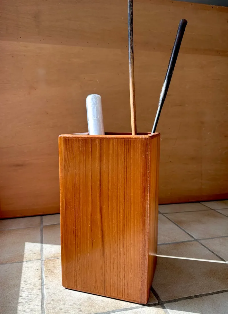 Pamono Large Brutalist Teak Sculptural Waste Basket, Denmark, 1970s> Trunks Crates & Baskets