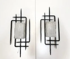 Pamono Large Brutalist Wrought Iron and Glass Sculptural Wall Lamps from Honsel-Leuchten, West Germany 1960s, Set of 2> Wall Lights & Sconces