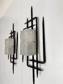 Pamono Large Brutalist Wrought Iron and Glass Sculptural Wall Lamps from Honsel-Leuchten, West Germany 1960s, Set of 2><noscript><img width=