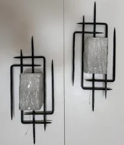 Pamono Large Brutalist Wrought Iron and Glass Sculptural Wall Lamps from Honsel-Leuchten, West Germany 1960s, Set of 2><noscript><img width=