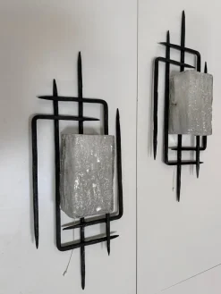 Pamono Large Brutalist Wrought Iron and Glass Sculptural Wall Lamps from Honsel-Leuchten, West Germany 1960s, Set of 2><noscript><img width=