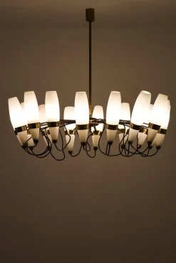Pamono Large Chandelier in Opaline Glass and Brass from Stilnovo, 1950s><noscript><img width=