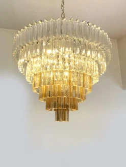 New Pamono Large Clear and Amber Triedro Murano Glass Chandelier