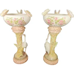 Pamono Large Columns with Heron and Papillons Flower Pots by Delphin Massier, Set of 2> Planters And Jardiniere