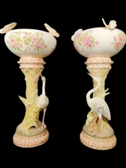Pamono Large Columns with Heron and Papillons Flower Pots by Delphin Massier, Set of 2><noscript><img width=