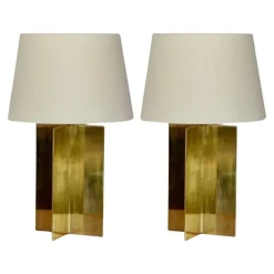 Pamono Large Croisillon Brass Lamps with Parchment Shades by Atelier Cabanel, Set of 2> Table Lamps