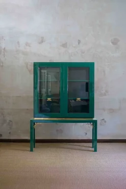 Clearance Pamono Large Display Cabinet in Green Lacquered Wood with Brass Details, 1980s