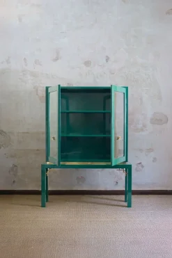 Clearance Pamono Large Display Cabinet in Green Lacquered Wood with Brass Details, 1980s