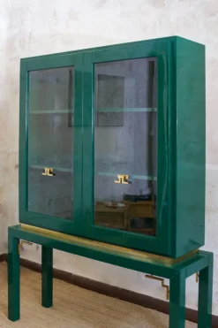 Clearance Pamono Large Display Cabinet in Green Lacquered Wood with Brass Details, 1980s