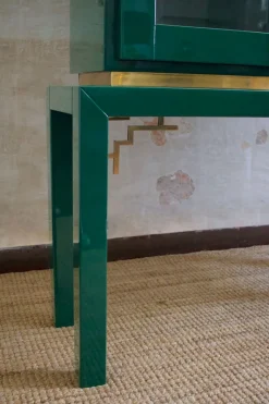 Clearance Pamono Large Display Cabinet in Green Lacquered Wood with Brass Details, 1980s