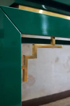 Clearance Pamono Large Display Cabinet in Green Lacquered Wood with Brass Details, 1980s