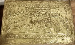 Clearance Pamono Large Embossed Brass Log Box with Tavern Scenes, 1890s