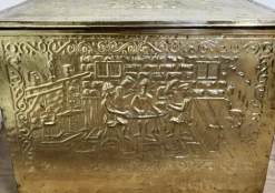 Clearance Pamono Large Embossed Brass Log Box with Tavern Scenes, 1890s