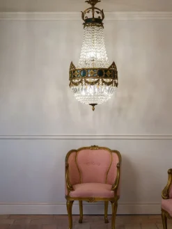 Pamono Large Empire Style Crystal and Bronze 6-Light Chandelier, 1930s><noscript><img width=