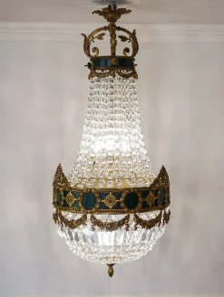 Pamono Large Empire Style Crystal and Bronze 6-Light Chandelier, 1930s><noscript><img width=