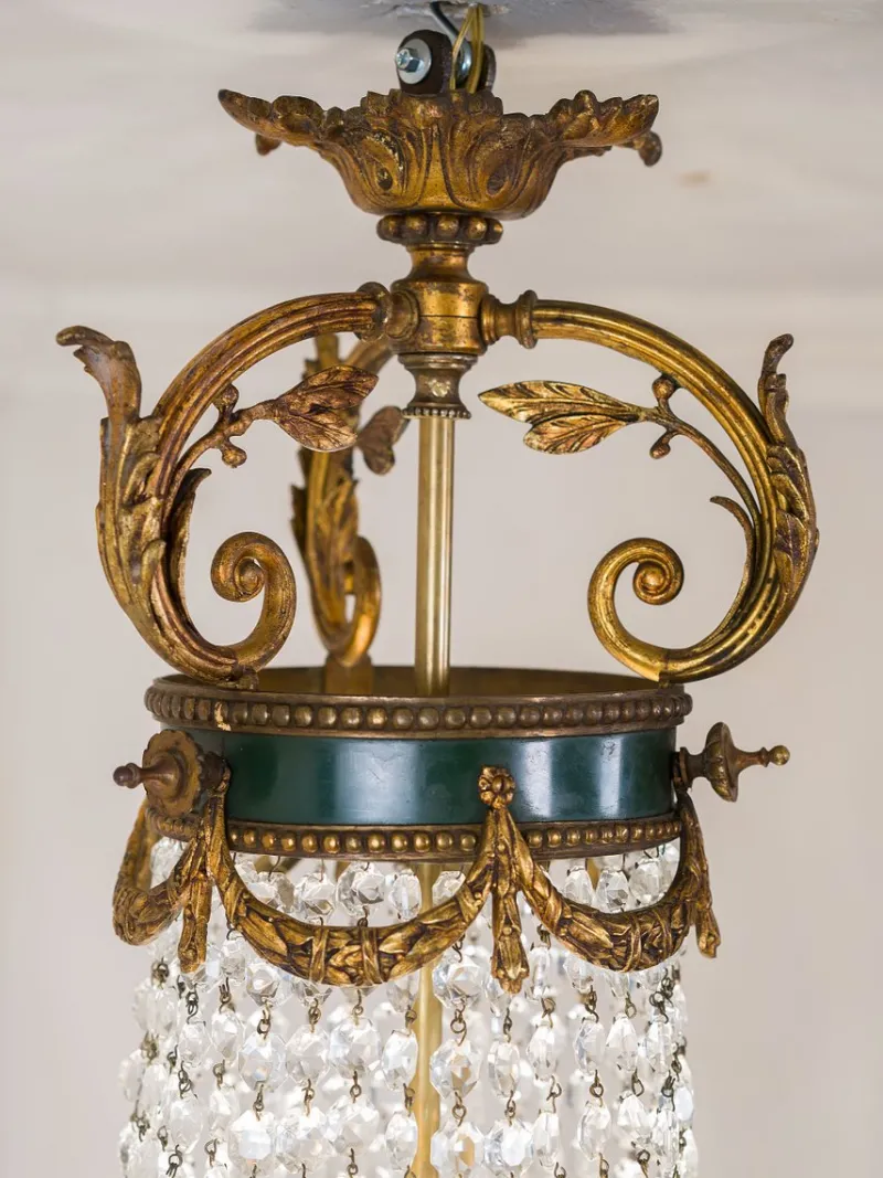 Pamono Large Empire Style Crystal and Bronze 6-Light Chandelier, 1930s> Ceiling Lights